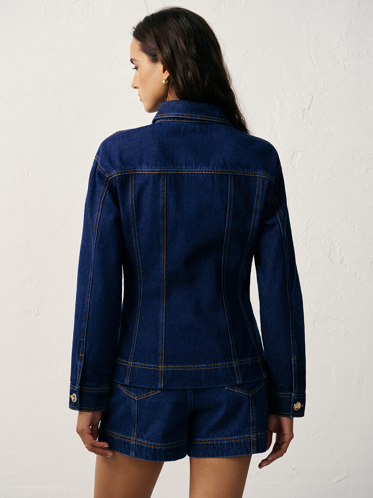 Cinched Waist Metal Button Denim Jacket